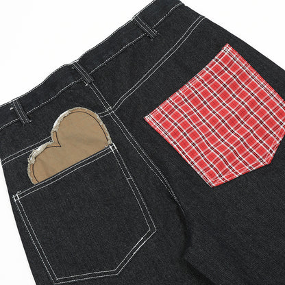 Contrast Color Love Patch Denim Straight-leg Trousers Men