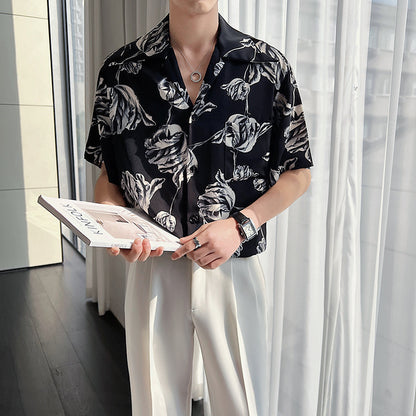 Casual Draping Summer Rose Cuban Collar Shirt