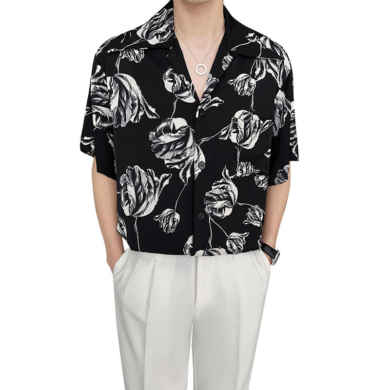 Casual Draping Summer Rose Cuban Collar Shirt