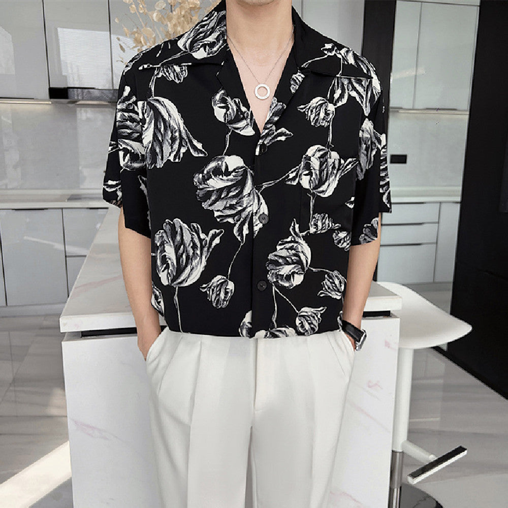 Casual Draping Summer Rose Cuban Collar Shirt