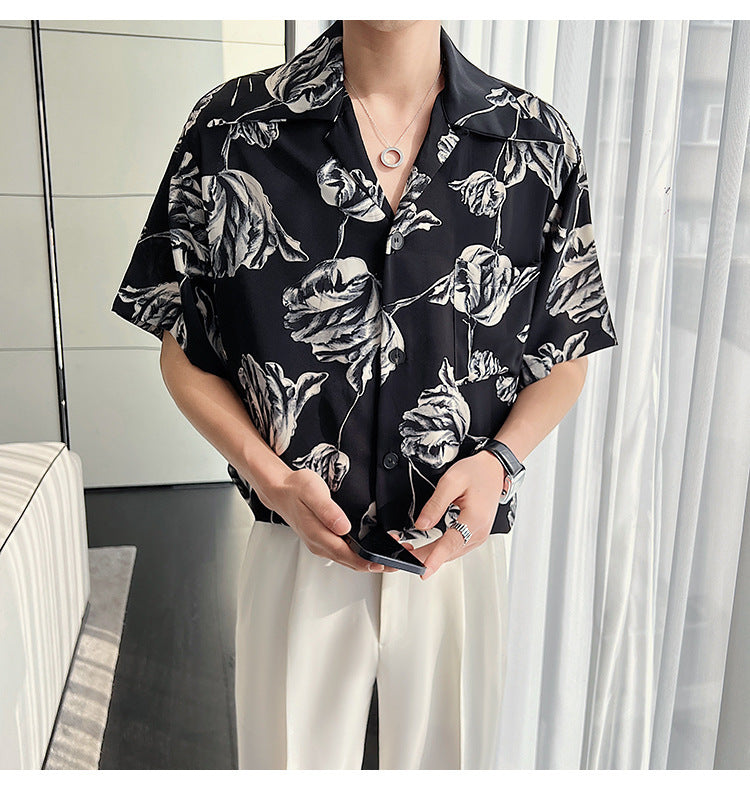 Casual Draping Summer Rose Cuban Collar Shirt