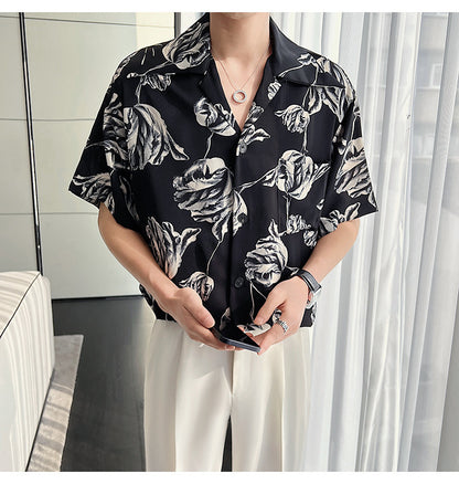 Casual Draping Summer Rose Cuban Collar Shirt