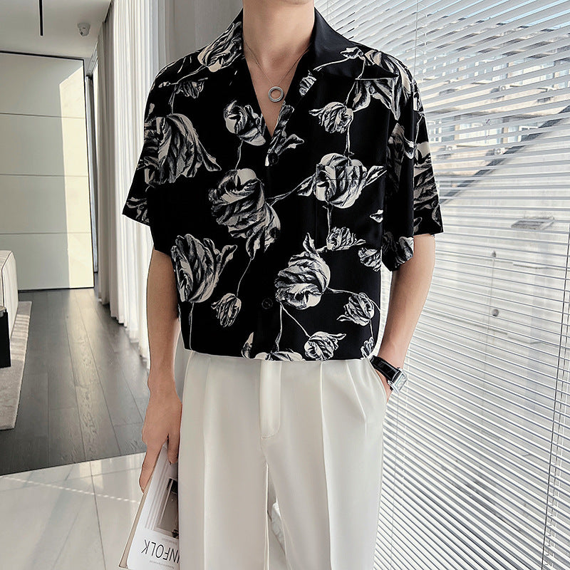 Casual Draping Summer Rose Cuban Collar Shirt