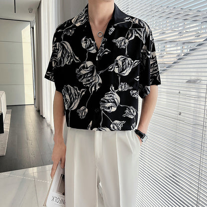 Casual Draping Summer Rose Cuban Collar Shirt