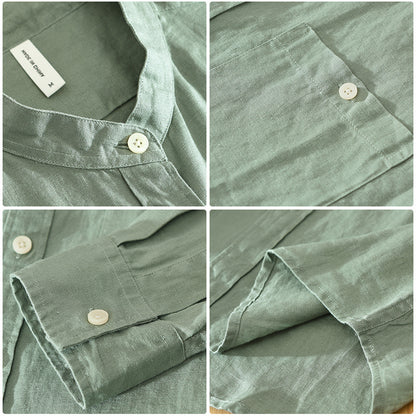 Stand Collar Long Linen Sleeves Shirt Casual Loose