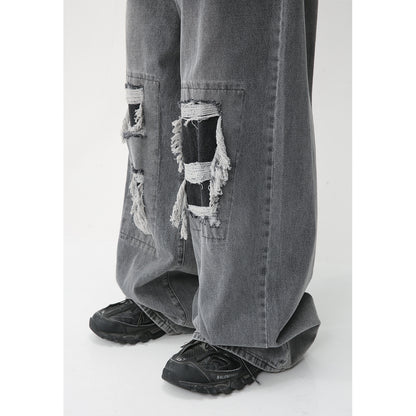 New Loose Wide Leg American Mopping High Street Hole & Patch Jeans