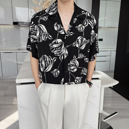 Casual Draping Summer Rose Cuban Collar Shirt